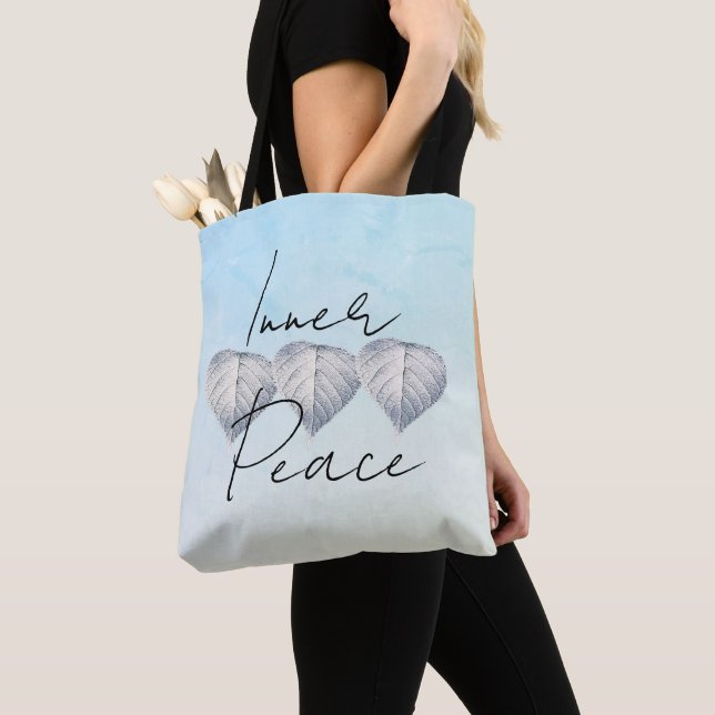Personalized Silver Leaf Light Blue Tote Bag (Close Up)