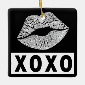 Personalized Silver Lipstick Kisses XOXO Christmas Ceramic Ornament