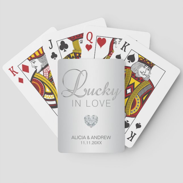 Personalized Silver LUCKY IN LOVE Wedding Favors Poker Cards (Back)