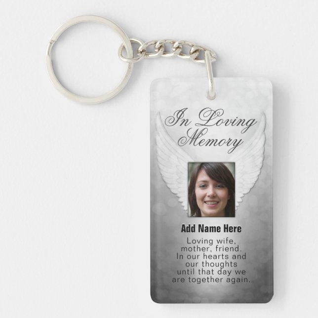 Personalized Silver Memorial Angel Wings Add Photo Keychain (Front)