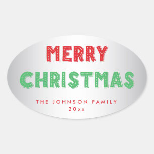 Personalized Silver Merry Christmas Oval Stickers