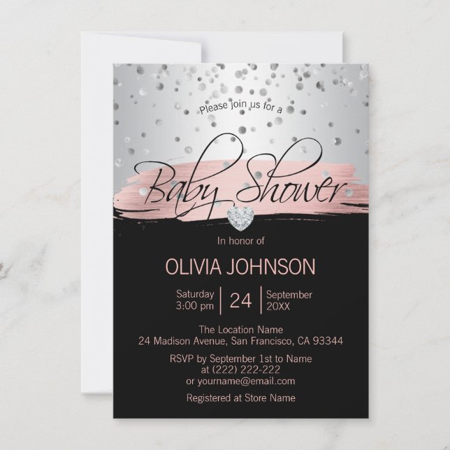 Personalized Silver Pink Black Girl Baby Shower Invitation (Front)