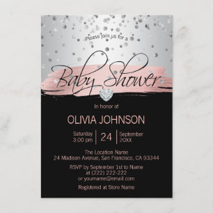 Personalized Silver Pink Black Girl Baby Shower Invitation