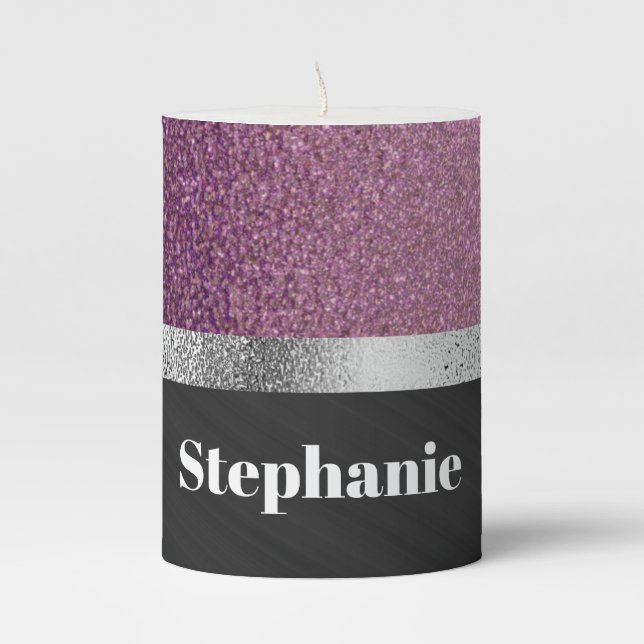 Personalized Silver Purple Violet Black Glitter Pillar Candle (Front)