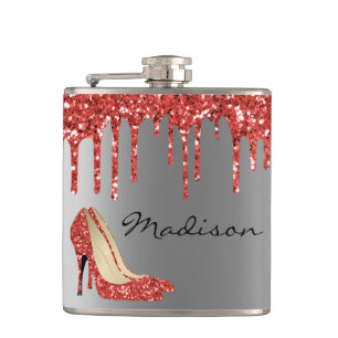Personalized Silver Red  Glitter Drips Heels Shoes Flask