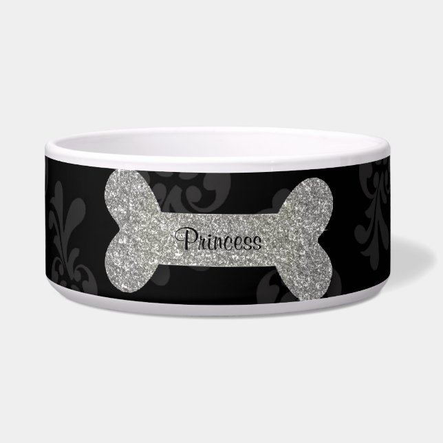 Personalized silver shiny dog bone pet food bowl (Front)