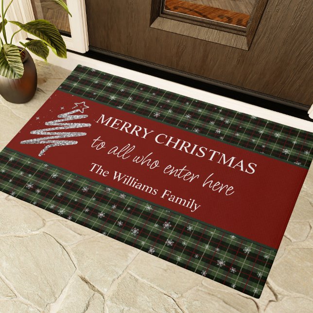 Personalized Silver Tree & Check Christmas Doormat (Creator Uploaded)