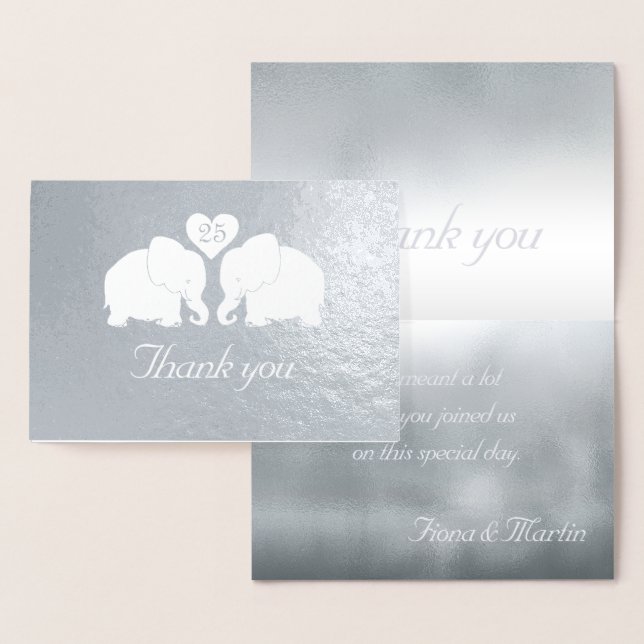 Personalized Silver Wedding Elephants Thank You Foil Card (Display)
