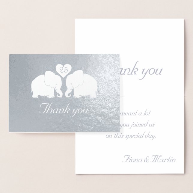 Personalized Silver Wedding Elephants Thank You Foil Card (Display)