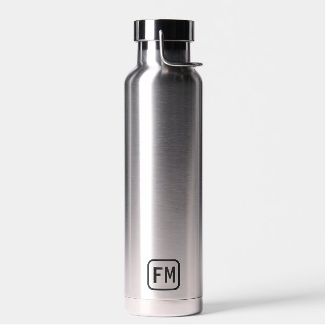 Personalized Silver with Black Modern Monogram Water Bottle (Left)