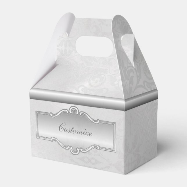 Personalized Silvery White Damask Gable Favor Box (Front Side)