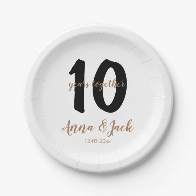 personalized simple 10 years anniversary name date paper plates (Front)