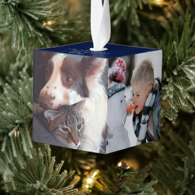 Personalized Simple 4 Photos Blue Cube Ornament (Tree)