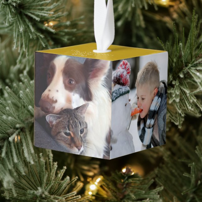 Personalized Simple 4 Photos Gold Cube Ornament (Tree)