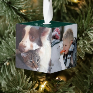 Personalized Simple 4 Photos Green Cube Ornament