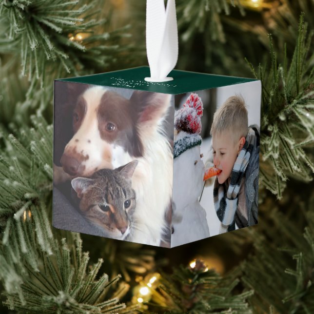 Personalized Simple 4 Photos Green Cube Ornament (Tree)