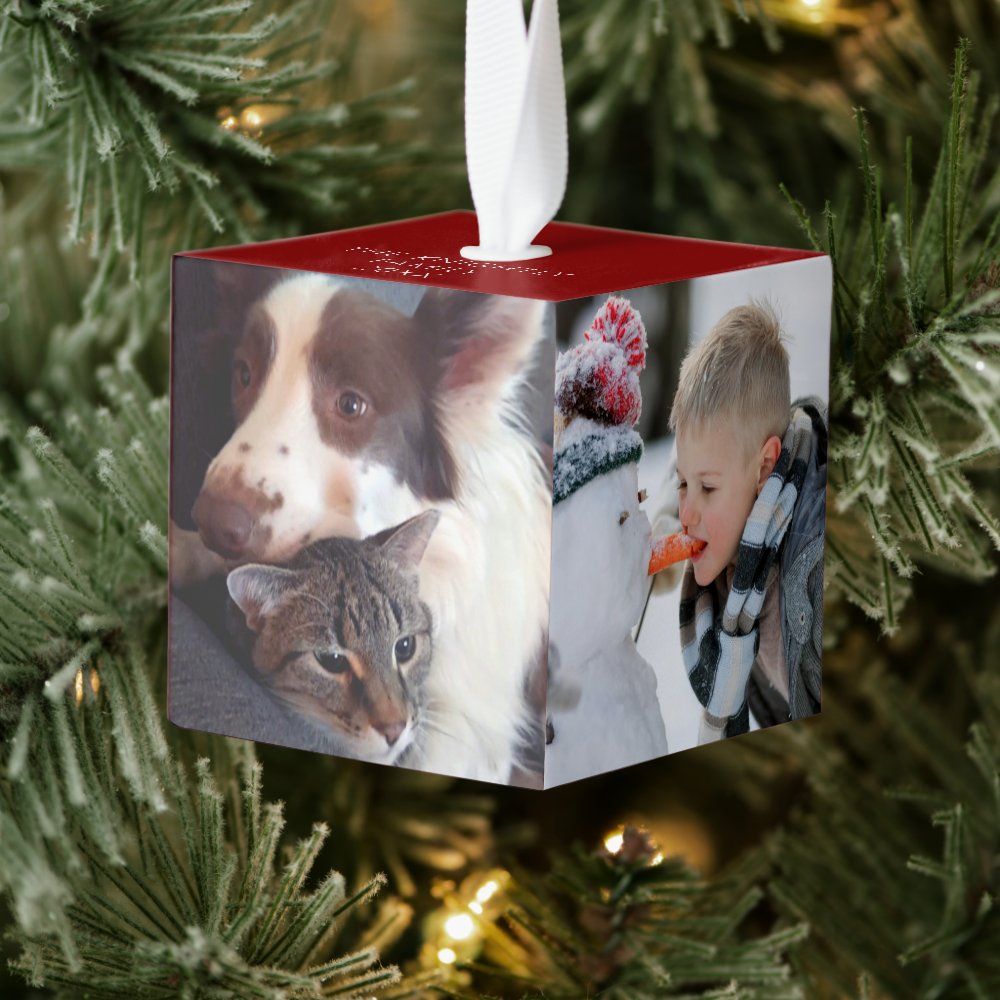 Disover Personalized Simple 4 Photos Red Cube Ornament