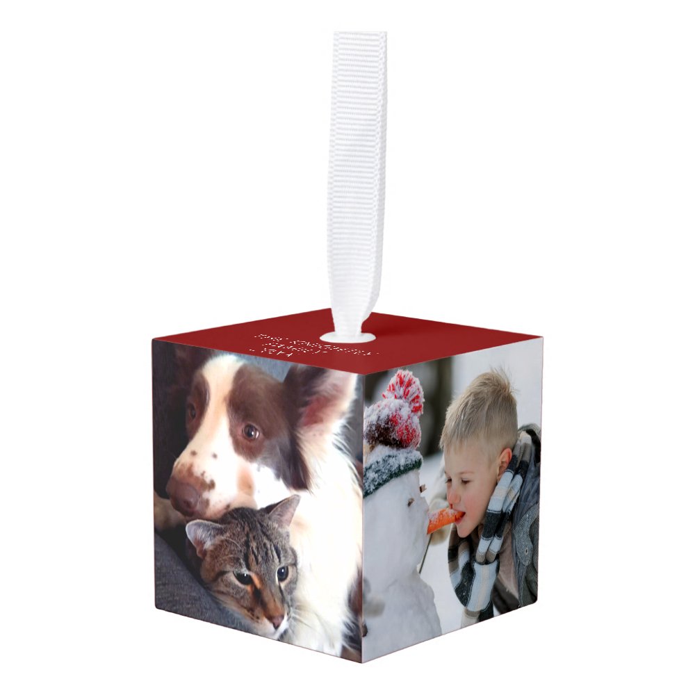 Disover Personalized Simple 4 Photos Red Cube Ornament
