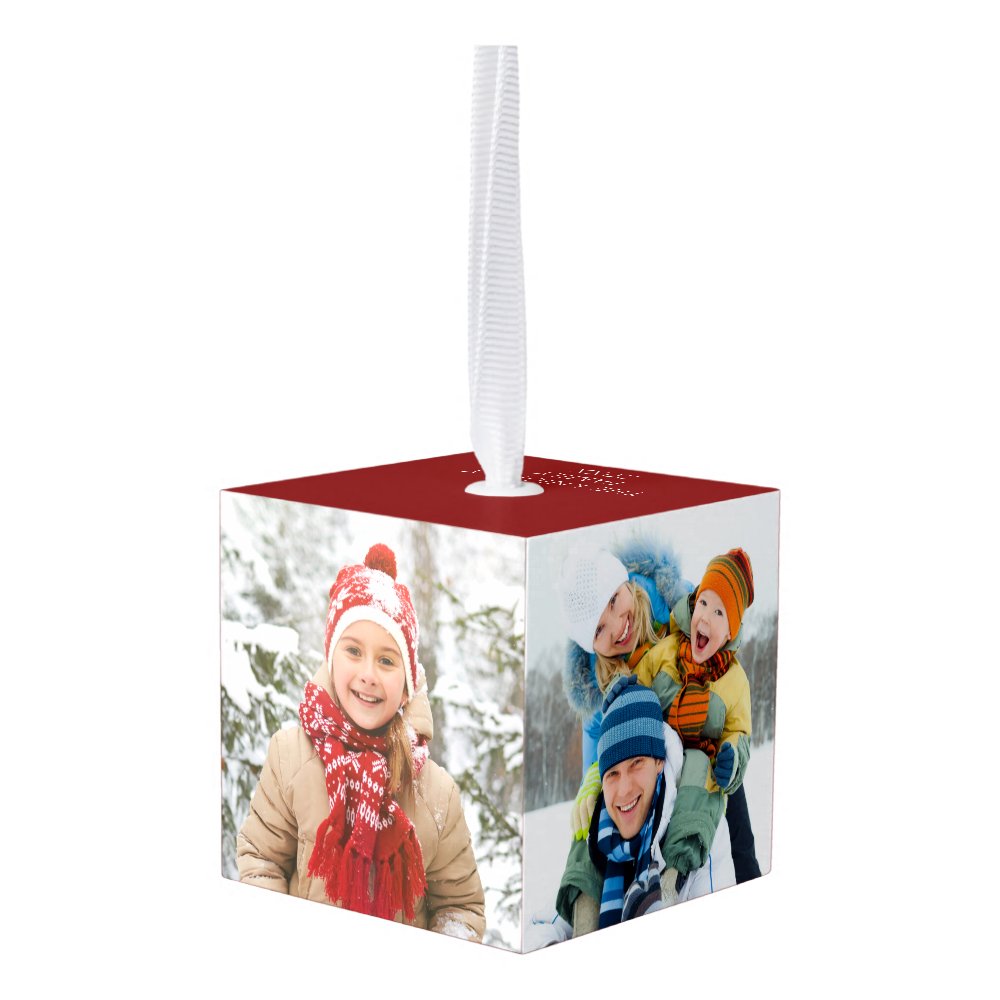 Disover Personalized Simple 4 Photos Red Cube Ornament