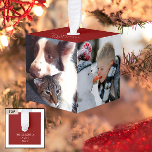 Personalized Simple 4 Photos Red Cube Ornament