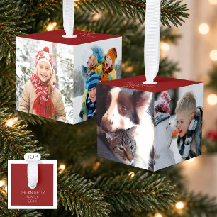 Personalized Simple 4 Photos Red Cube Ornament