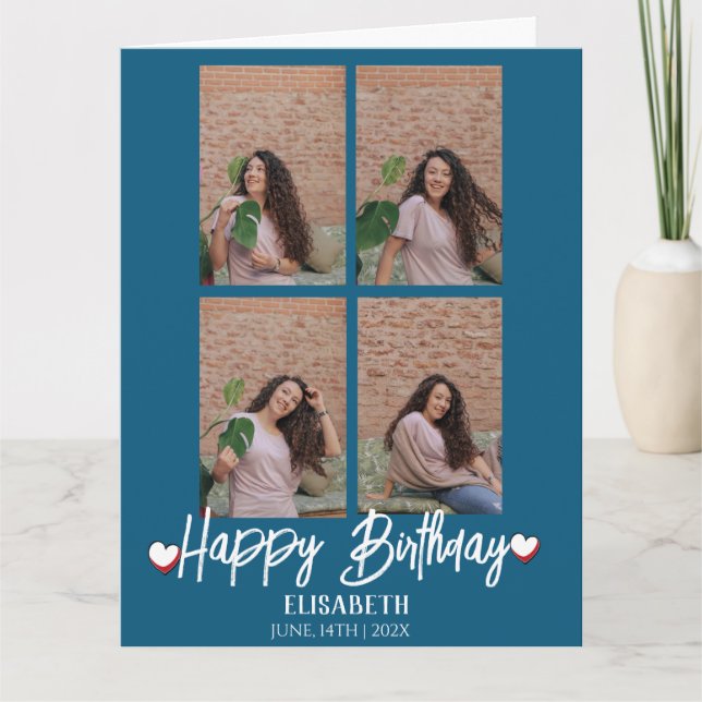 Personalized Simple Birthday Stylish Four Photo Card (Front)