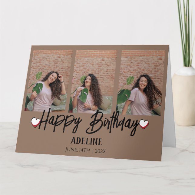 Personalized Simple Birthday Stylish Three Photo Card (Front)