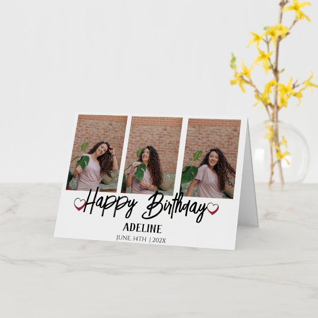 Personalized Simple Birthday Stylish Three Photo Foil Greeting Card (Yellow Flower)