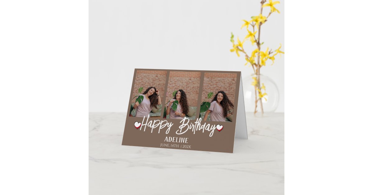 Personalized Simple Personalized Simple Birthday Stylish Three Photo Foil Greeting Card ...