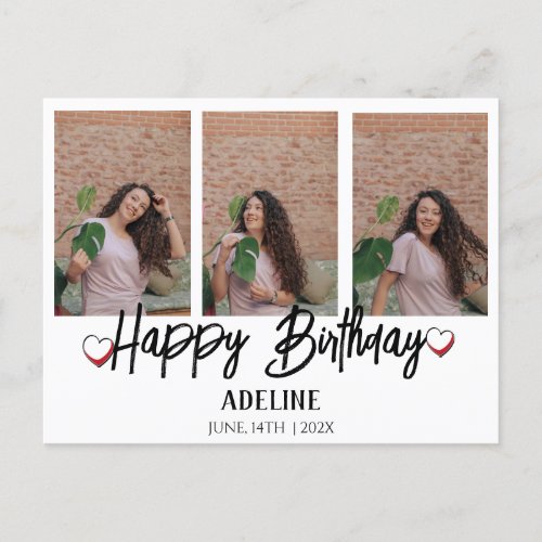 Personalized Simple Birthday Stylish Three Photo Postcard