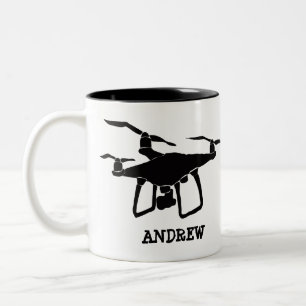 Personalized Simple Black Drone Illustration Two-Tone Coffee Mug
