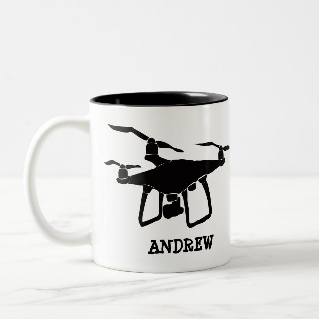 Personalized Simple Black Drone Illustration Two-Tone Coffee Mug (Left)
