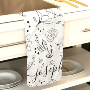 Personalized Simple Black white floral pattern Kitchen Towel