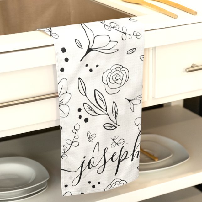 Personalized Simple Black white floral pattern  Kitchen Towel (Black white minimalist floral pattern personalized kitchen tea towel.)
