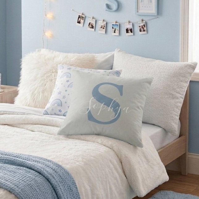 Personalized Simple Blue Monogram Throw Pillow (Creator Uploaded)