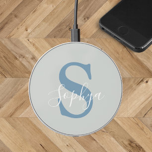 Personalized Simple Blue Monogram Wireless Charger