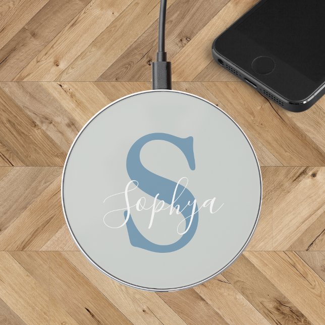 Personalized Simple Blue Monogram Wireless Charger (Creator Uploaded)