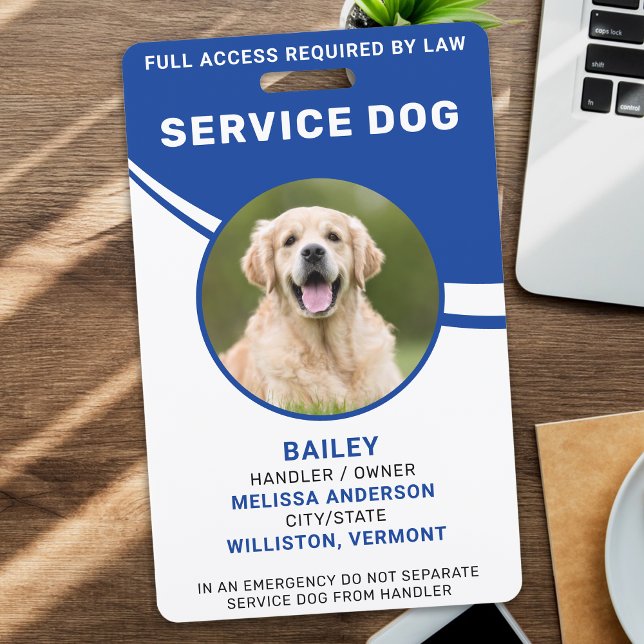 Personalized Simple Blue Service Dog Photo ID Badge (Creator Uploaded)
