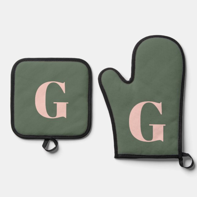 Personalized Simple Bold Monogram Pink and Green Oven Mitt & Pot Holder Set (Front)
