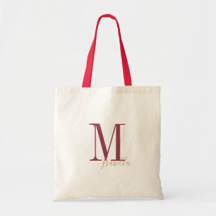 Personalized simple burgundy name and monogram tote bag