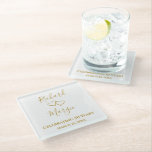 Personalized Simple Elegant 50th Anniversary Gift Glass Coaster<br><div class="desc">Create stylish wedding anniversary coaster by adding the couple's names and wedding or anniversary date to these glass coasters. Two hand drawn hearts give a chic romantic touch. Simple, elegant script saying "Celebrating 50 Years" written in a tan golden color can be edited to any short text. Two simple hand...</div>