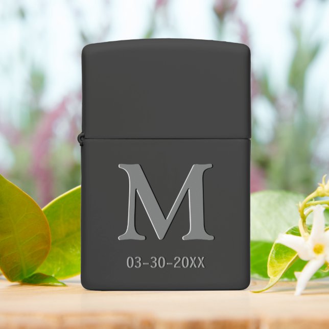 Personalized Simple Elegant Gray Monogram On Black Zippo Lighter (On Table)
