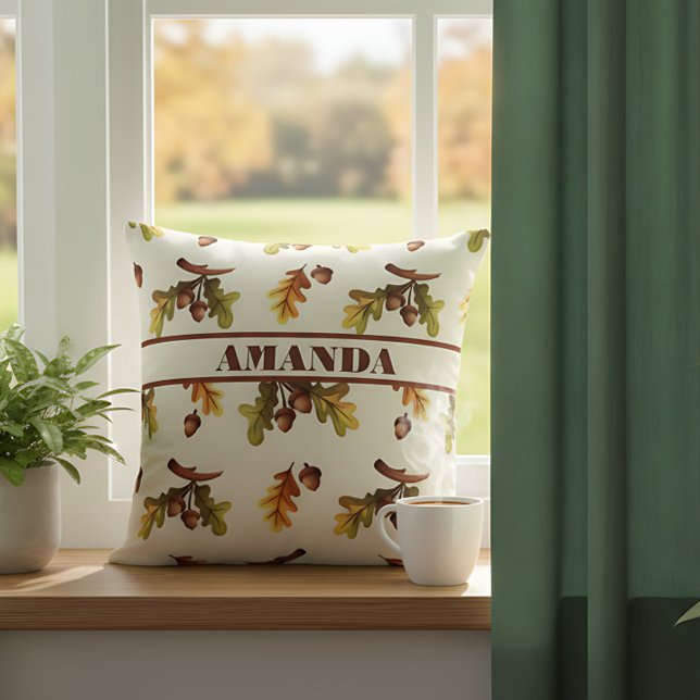 Personalized Simple Farmhouse Fall Leaves Throw Pillow (Fall decor pillow soft and stylish. Seasonal cute tone. )