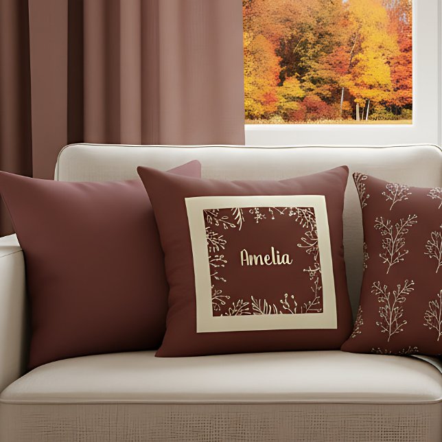 Personalized Simple Farmhouse Fall Leaves Throw Pillow (Cozy autumn pillow for warm nights. Rustic fall farmhouse style.)