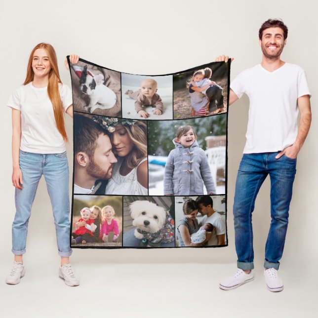 Personalized Simple Modern 8 Photo Collage Black Fleece Blanket (In Situ)
