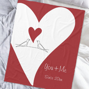 Personalized Simple Modern Birds in Love Red Heart Fleece Blanket