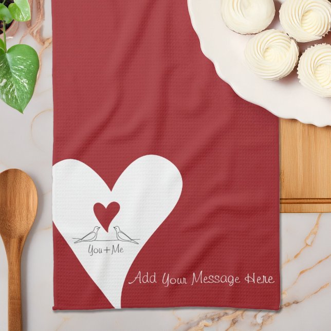 Personalized Simple Modern Birds in Love Red Heart Kitchen Towel (Creator Uploaded)