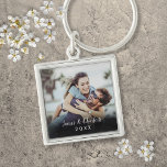 Personalized Simple Modern Elegant Script Photo Keychain<br><div class="desc">Personalize with your favorite photo featuring your names and the year,  creating a unique memory and gift. A lovely keepsake to treasure!</div>