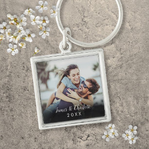 Personalized Simple Modern Elegant Script Photo Keychain