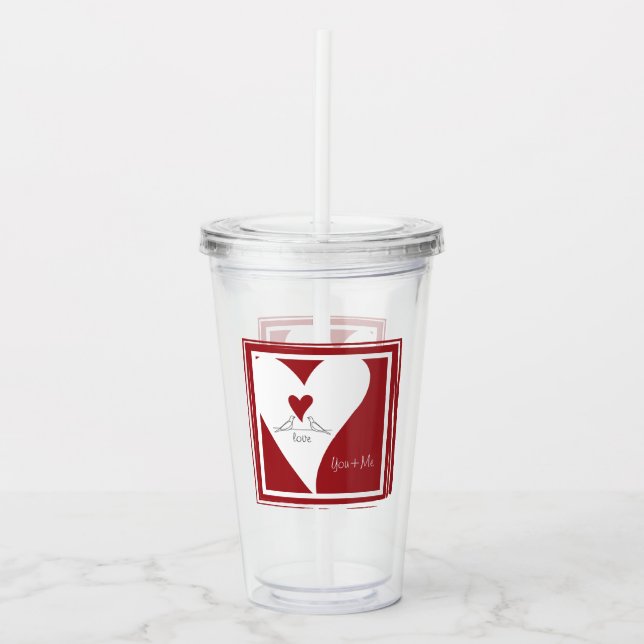 Personalized Simple Modern Love Birds Red Heart Acrylic Tumbler (Front)